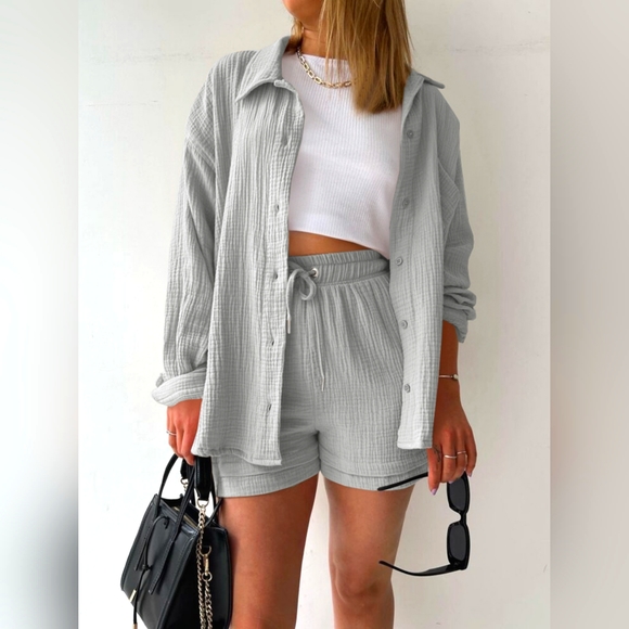 Texture Button Up Shirt and Drawstring Shorts Set - Picture 1 of 4